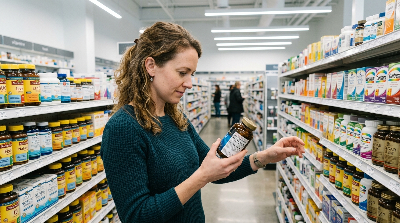 woman choosing supplements pharmacy aisle focused