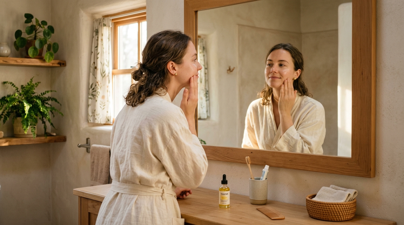 woman morning routine bathroom mirror peaceful