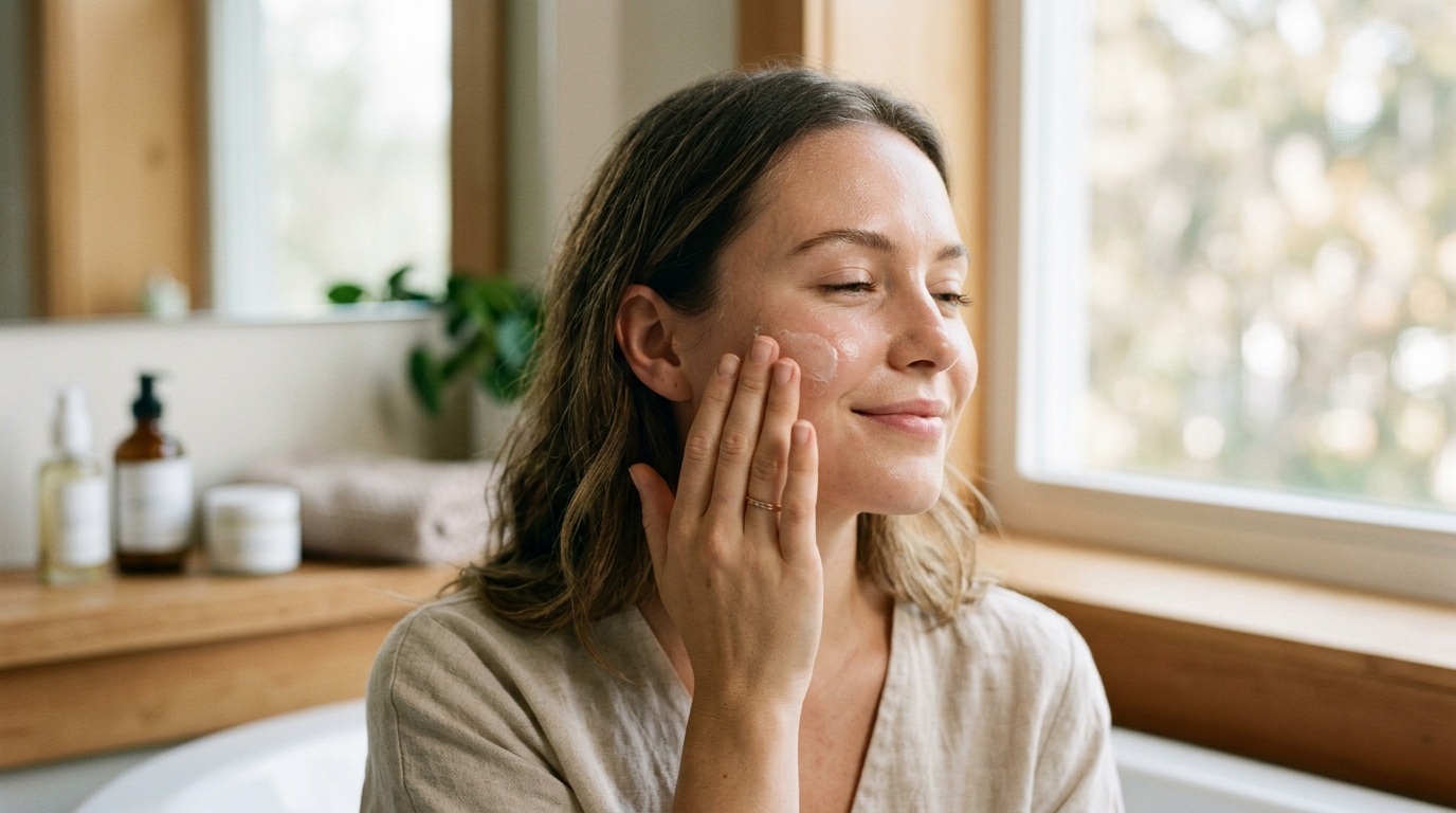 woman applying moisturizer content expression natural light