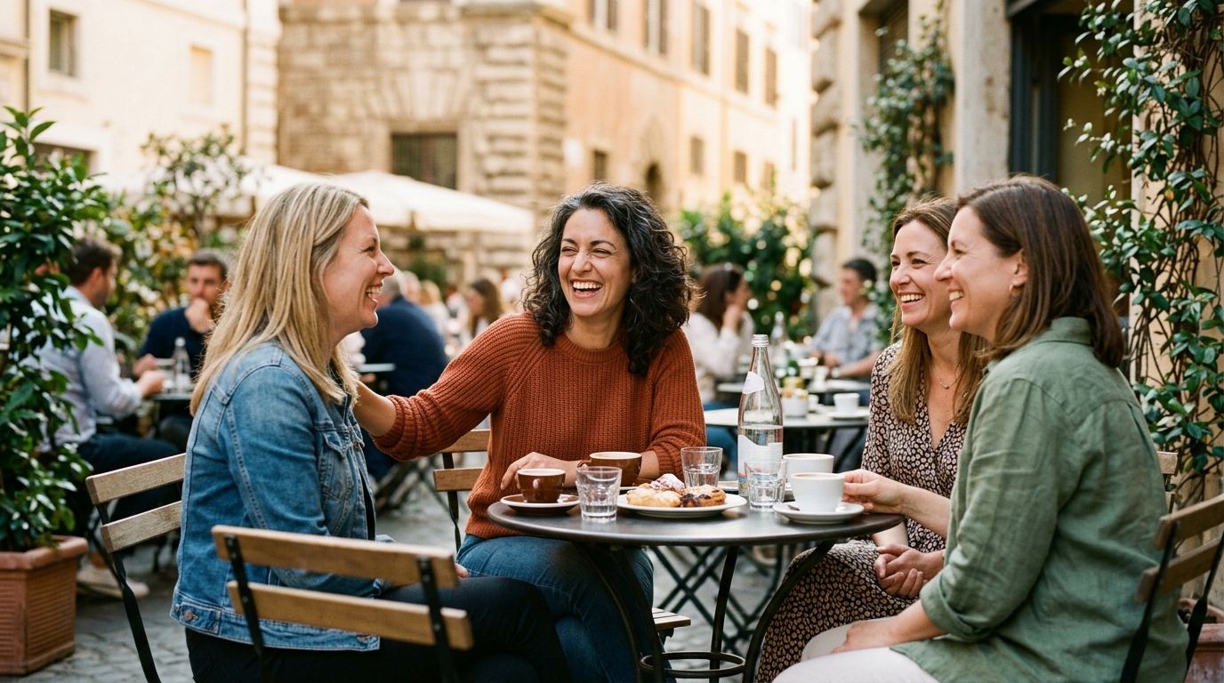 woman laughing friends outdoor cafe confident