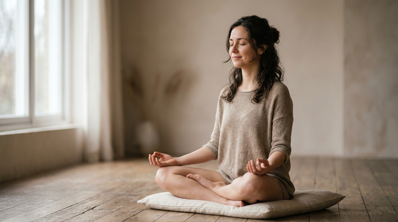 woman meditation peaceful expression soft light