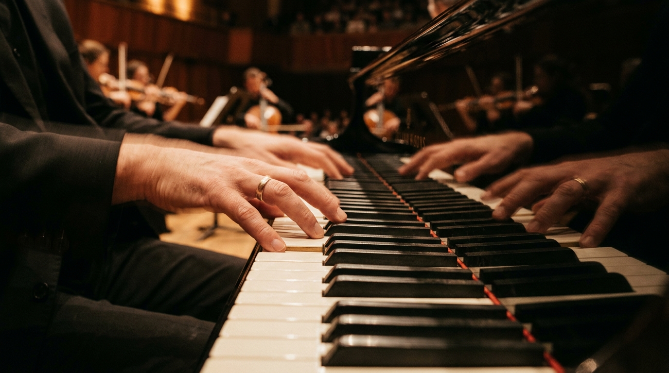 multiple hands playing piano keys in motion blur