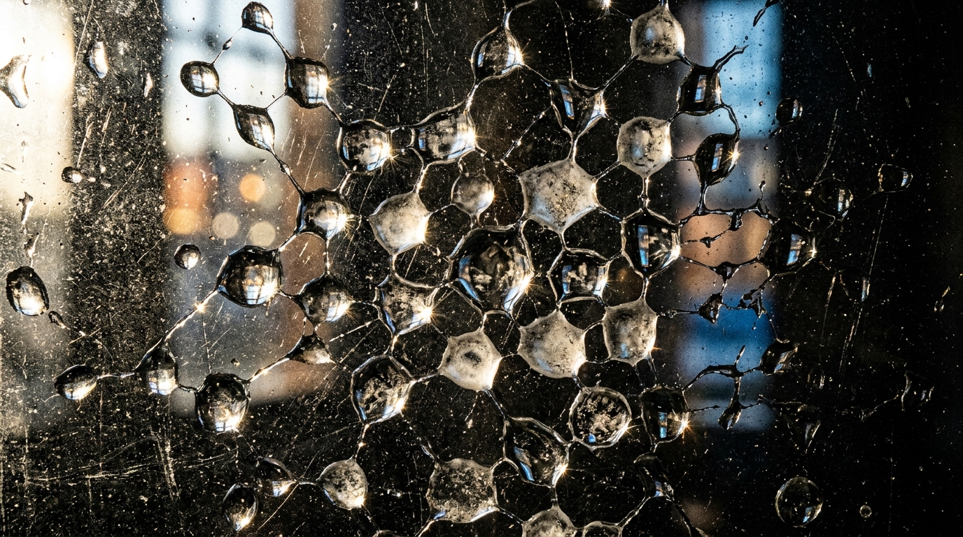 interconnected water droplets reflecting light in complex patterns