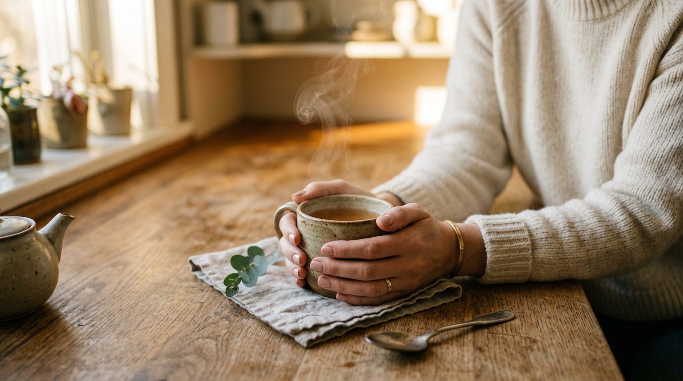 hands holding steaming tea cup in gentle morning light
