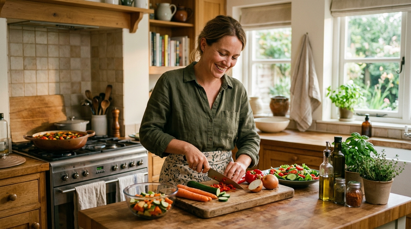 woman cooking peacefully with relaxed body language