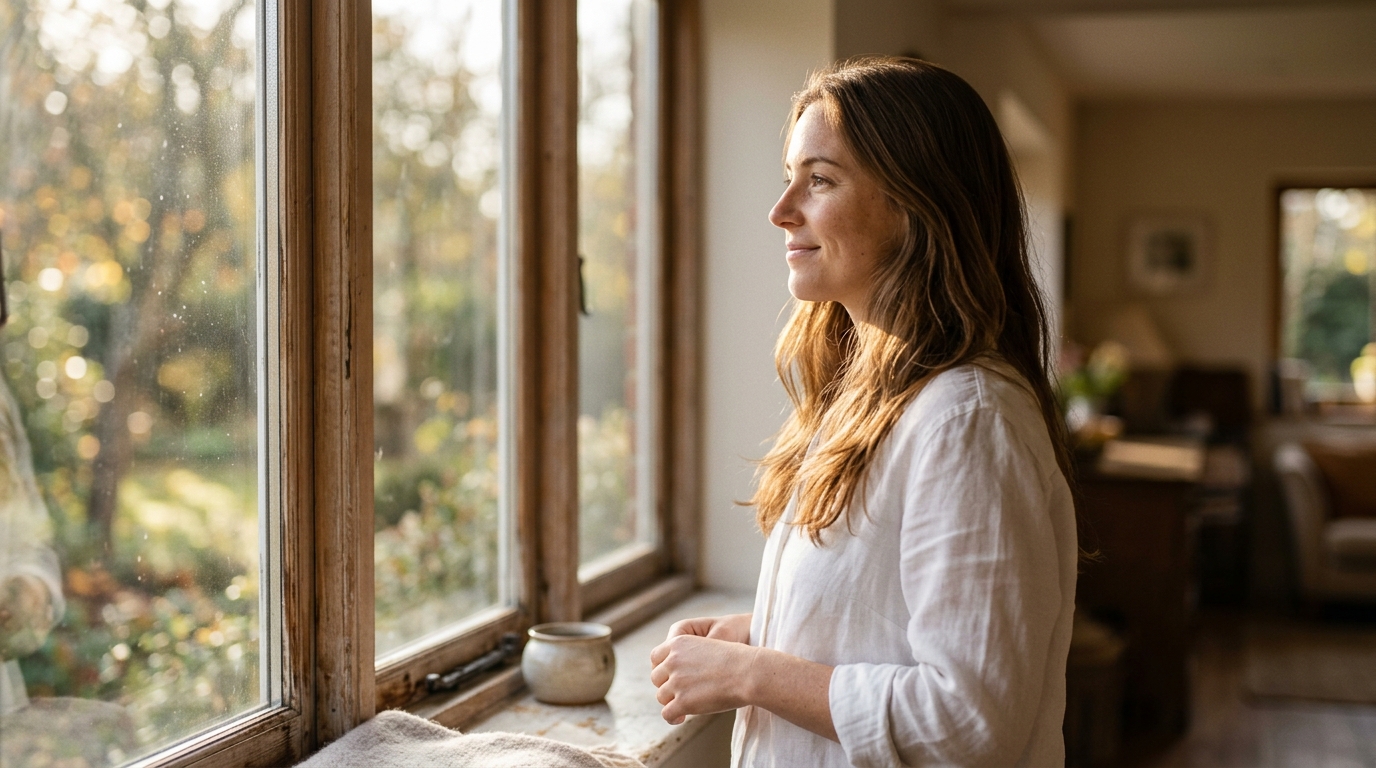 woman looking peacefully out window in morning light