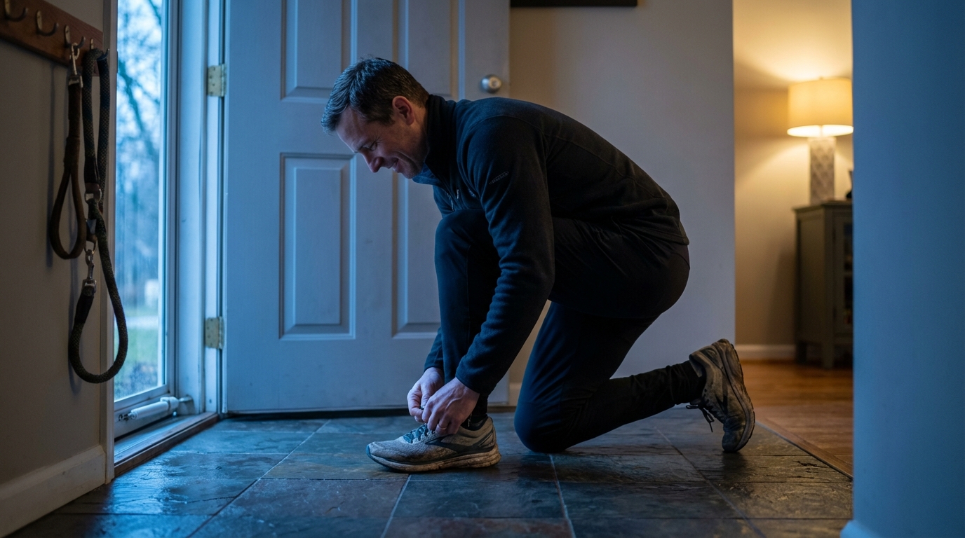 A man kneeling easily to tie his shoe in an entryway with cool morning light