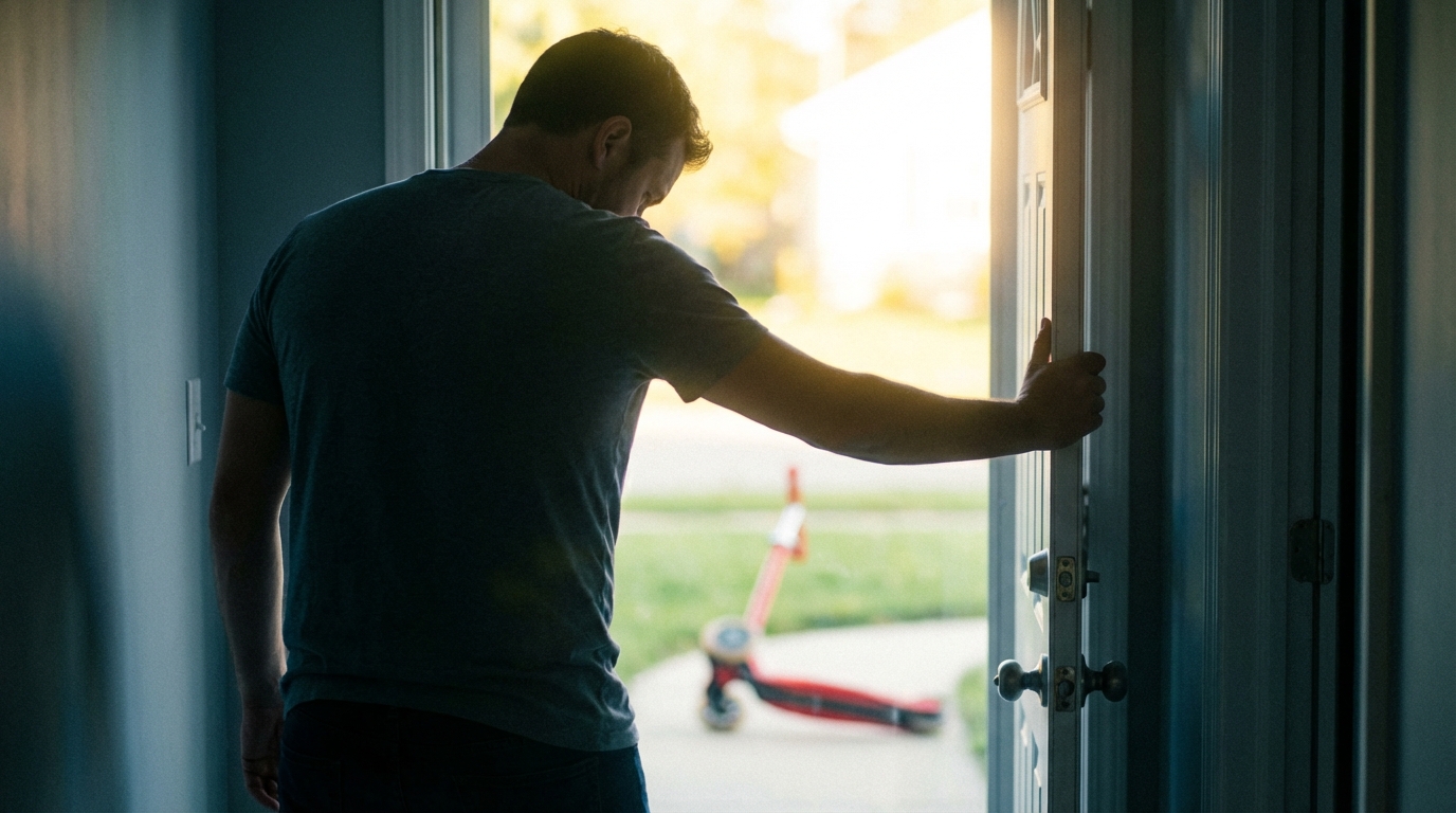 A man pausing in a doorway with warm light spilling in from outside