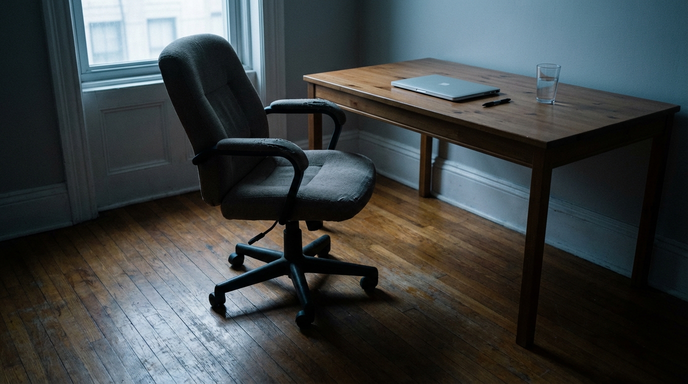 An empty office chair pushed back from a desk in cool overcast morning light