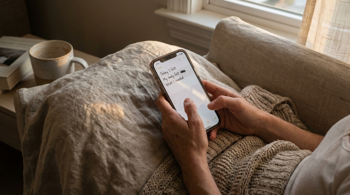 Hands holding phone in evening light during a quick check in