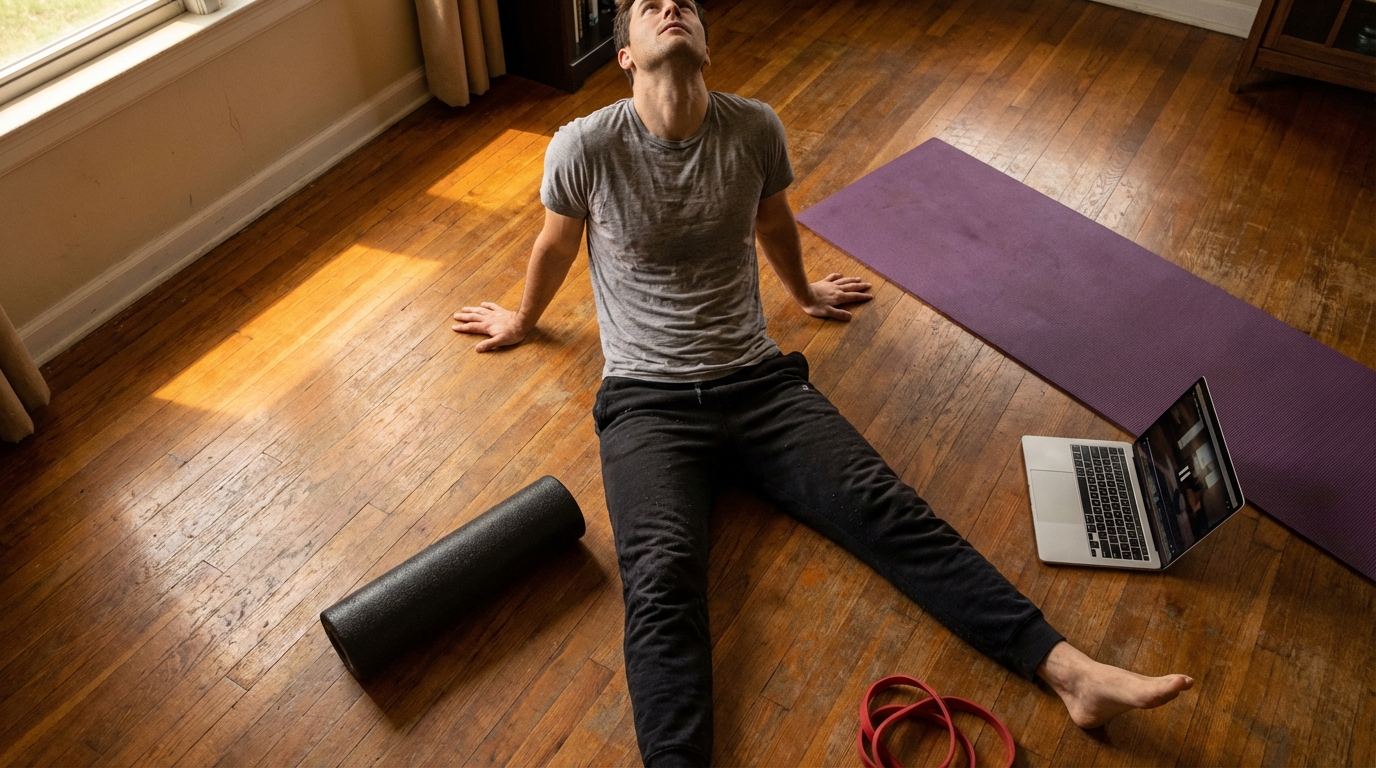 Overhead view of a man sitting on a floor surrounded by unused stretching equipment