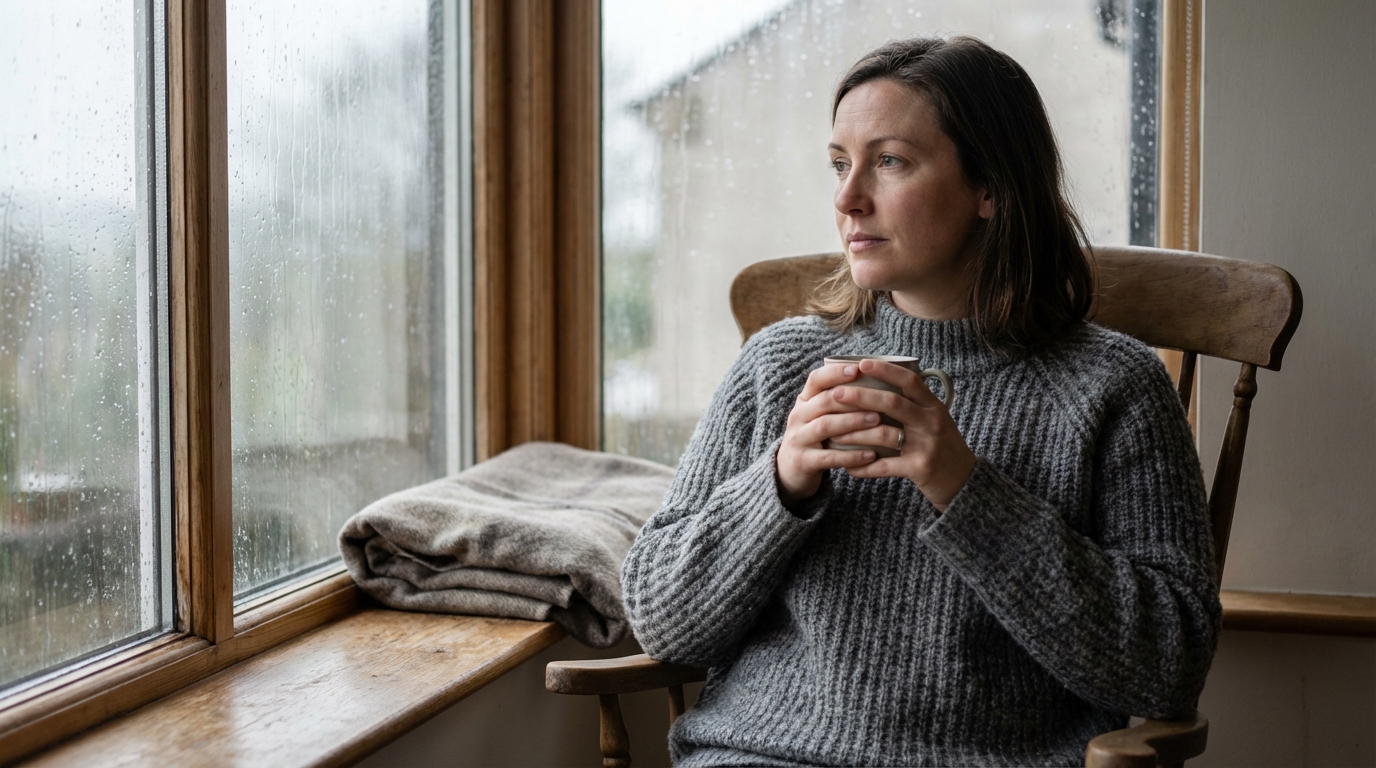 Woman looking out rainy window with calm thoughtful expression