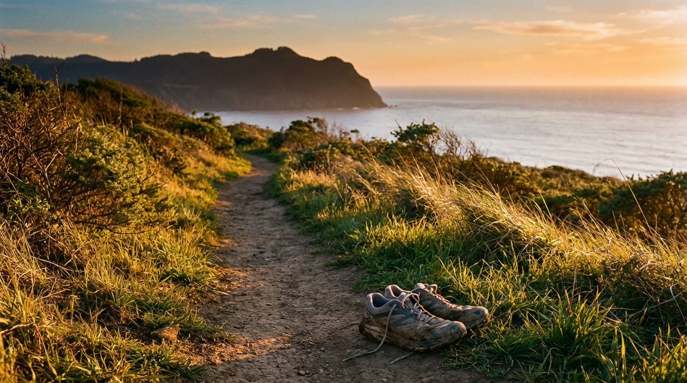An empty coastal trail with worn shoes at the path edge in golden light