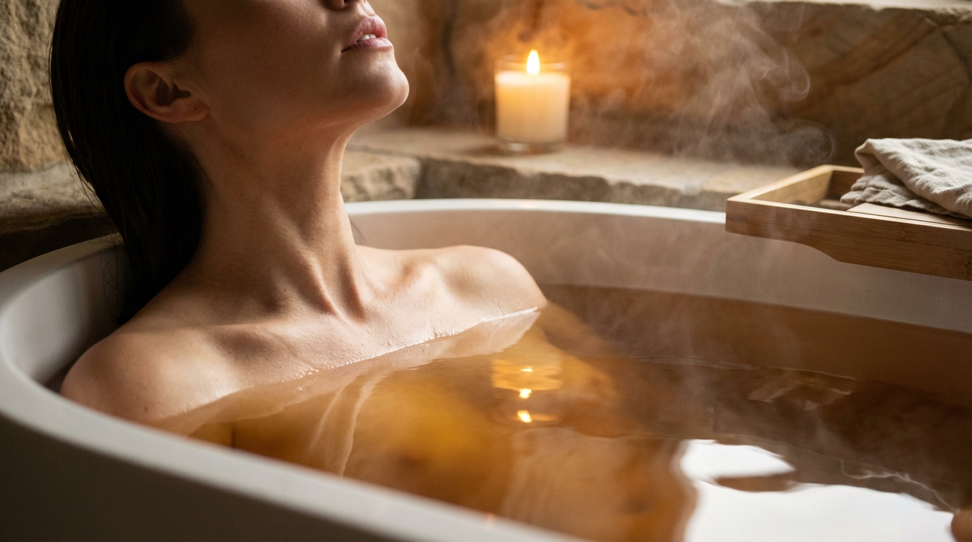 Woman reclining in warm bath with steam rising in golden candlelight