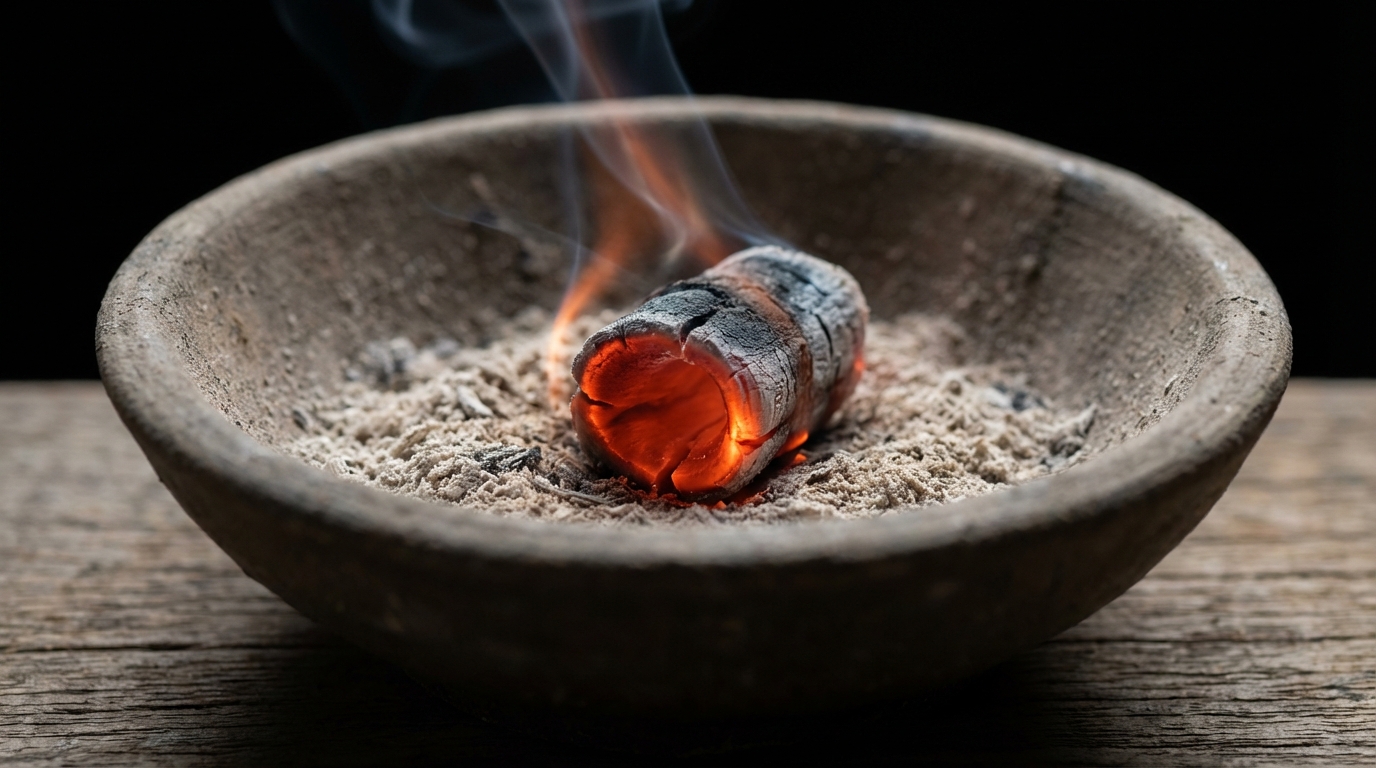 Single glowing ember in pale ash inside a ceramic fire bowl