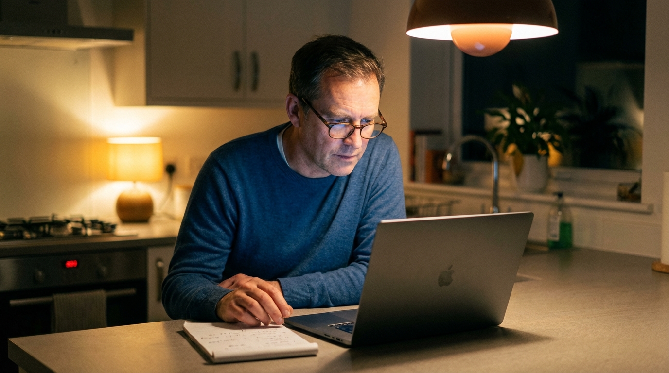 Man reading intently at a kitchen counter in warm evening light