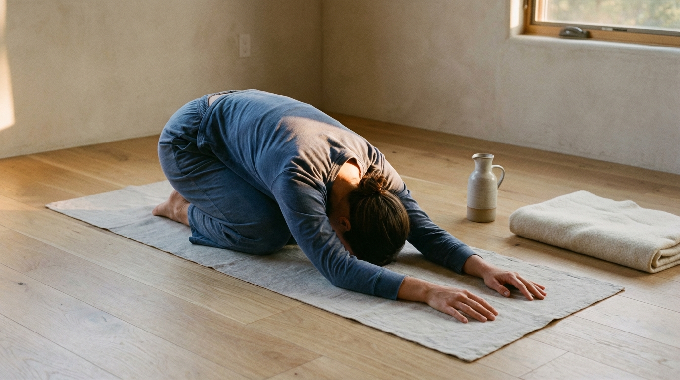 Woman in child's pose on linen mat with morning light across her back