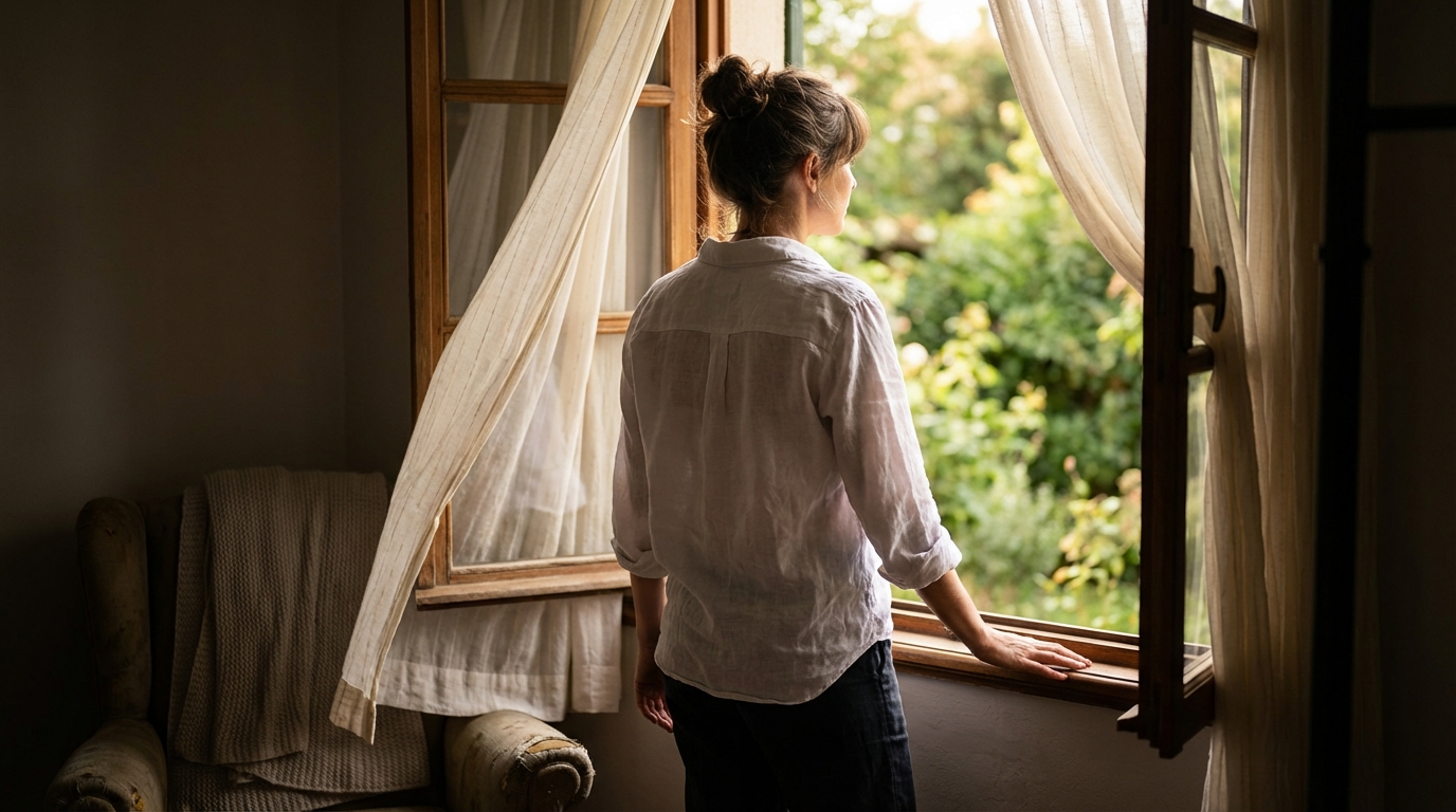 Woman standing at open window with sheer curtains in warm morning light