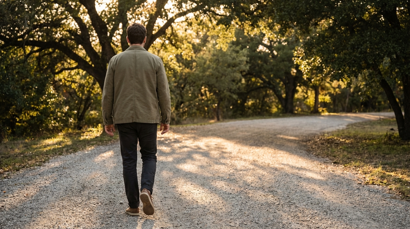 Man walking along a tree-lined path in dappled afternoon light