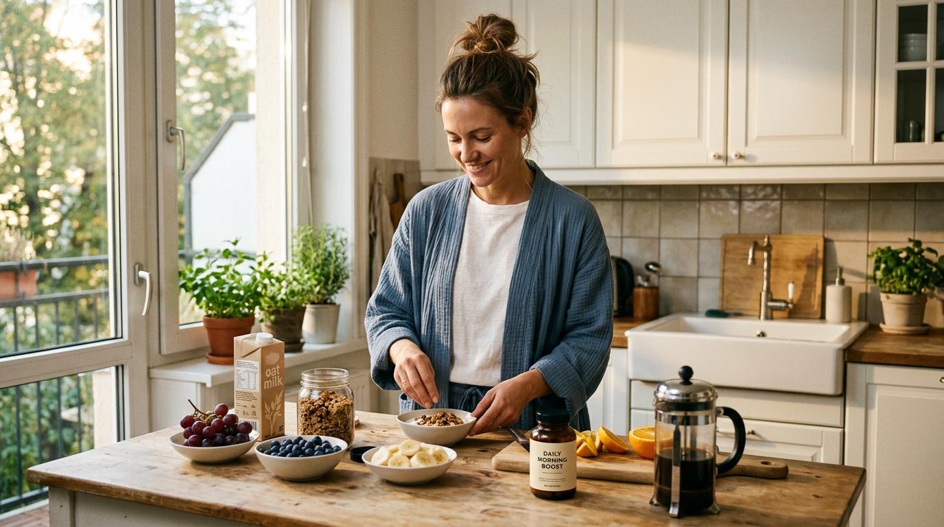 woman preparing healthy breakfast in bright morning kitchen light