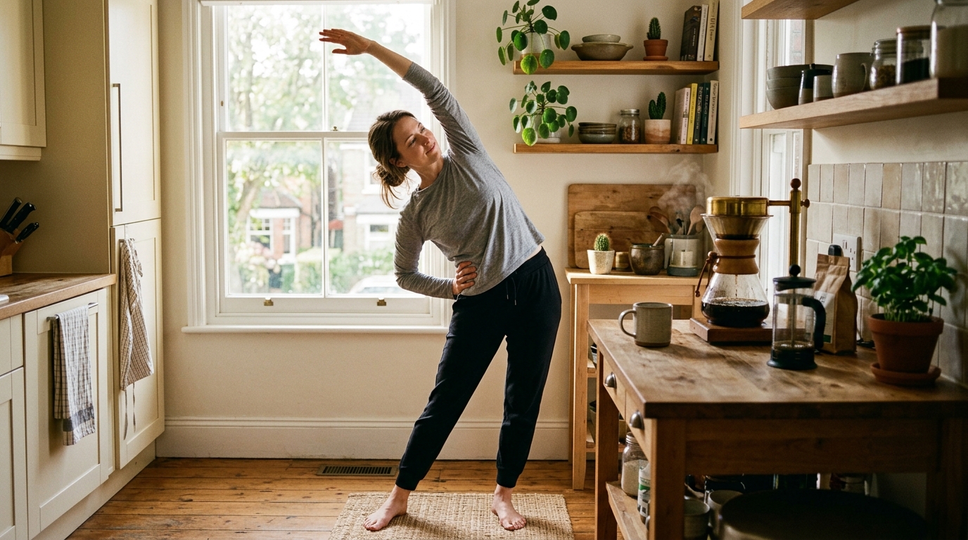 Woman doing gentle stretches in morning kitchen