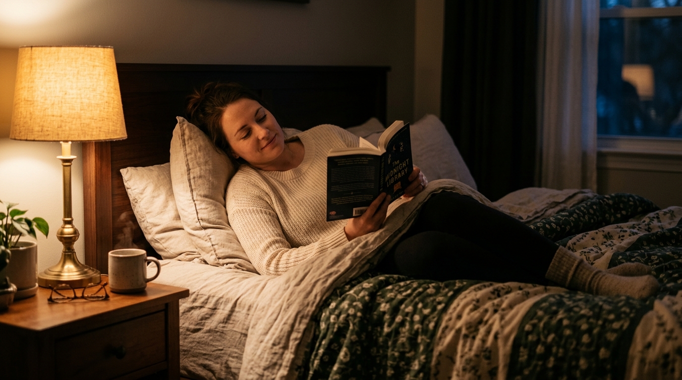 Woman reading peacefully in evening light