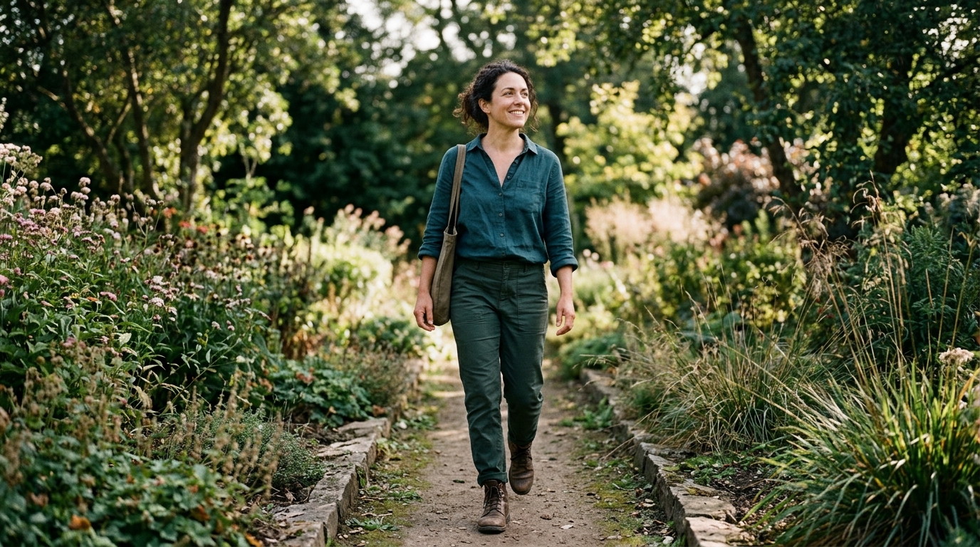 Woman walking confidently on peaceful path