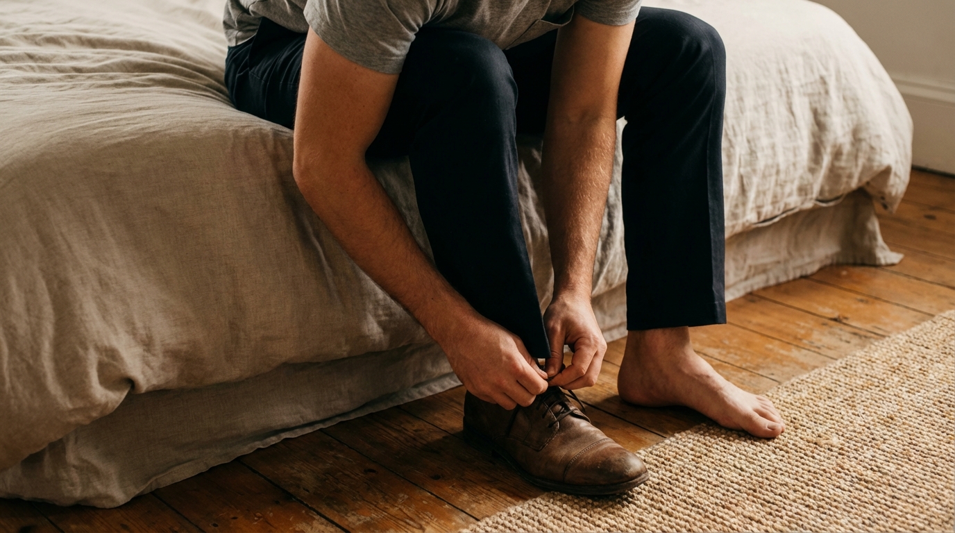 Man carefully putting on shoes while seated on edge of bed