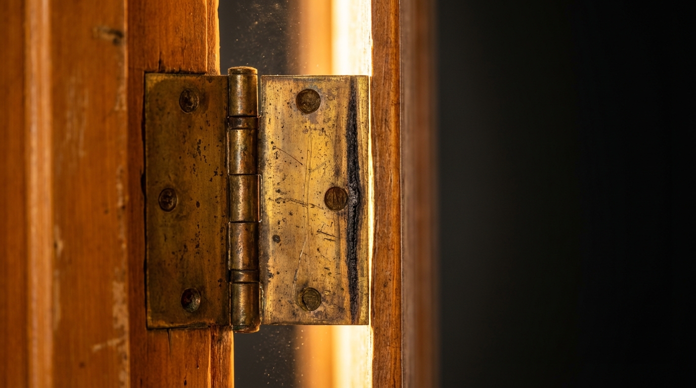 Close-up of a weathered brass door hinge in warm directional light