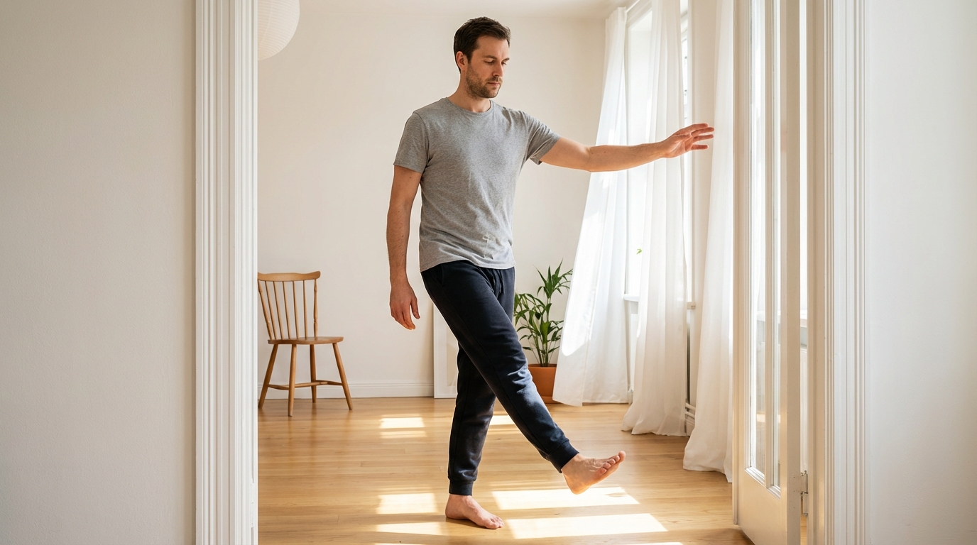 Man performing a gentle leg swing in a sunlit doorframe