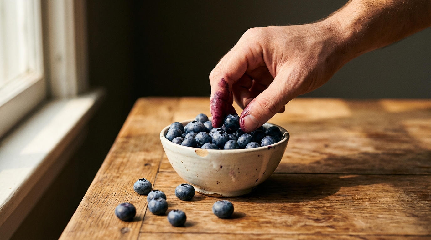 Hand with blueberry-stained fingertips reaching into a ceramic bowl