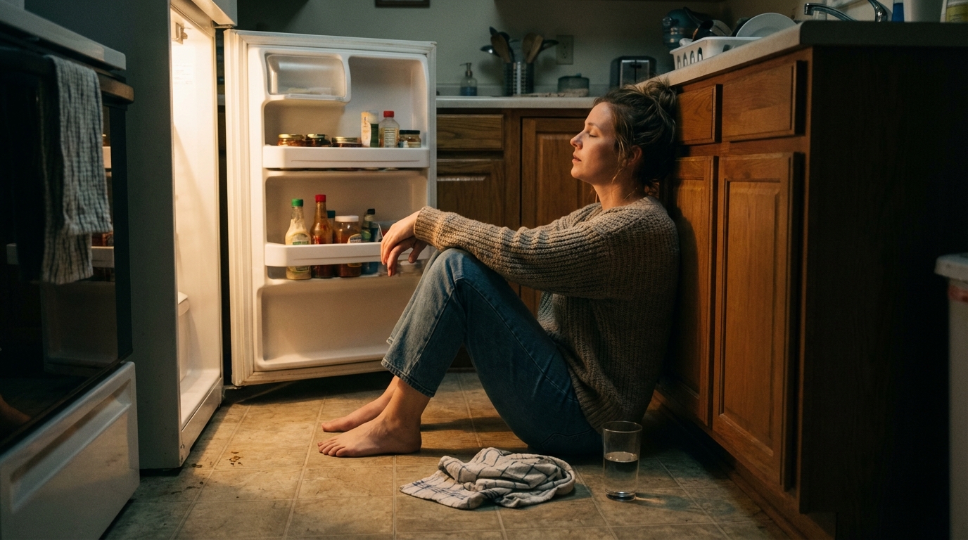 Woman sitting on kitchen floor at night breathing slowly