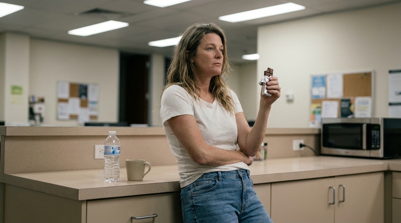 Woman in office break room feeling foggy at mid afternoon