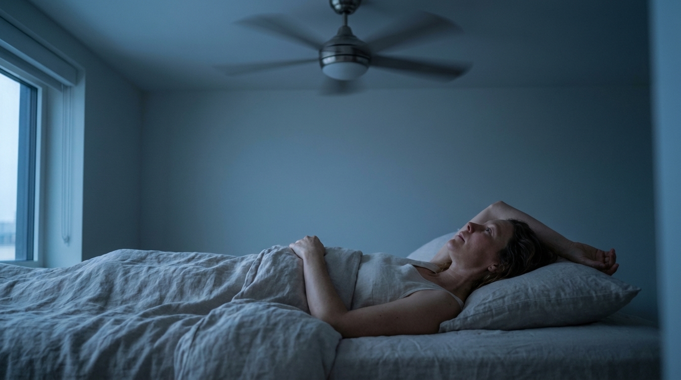 Woman awake in bed during night heat surge