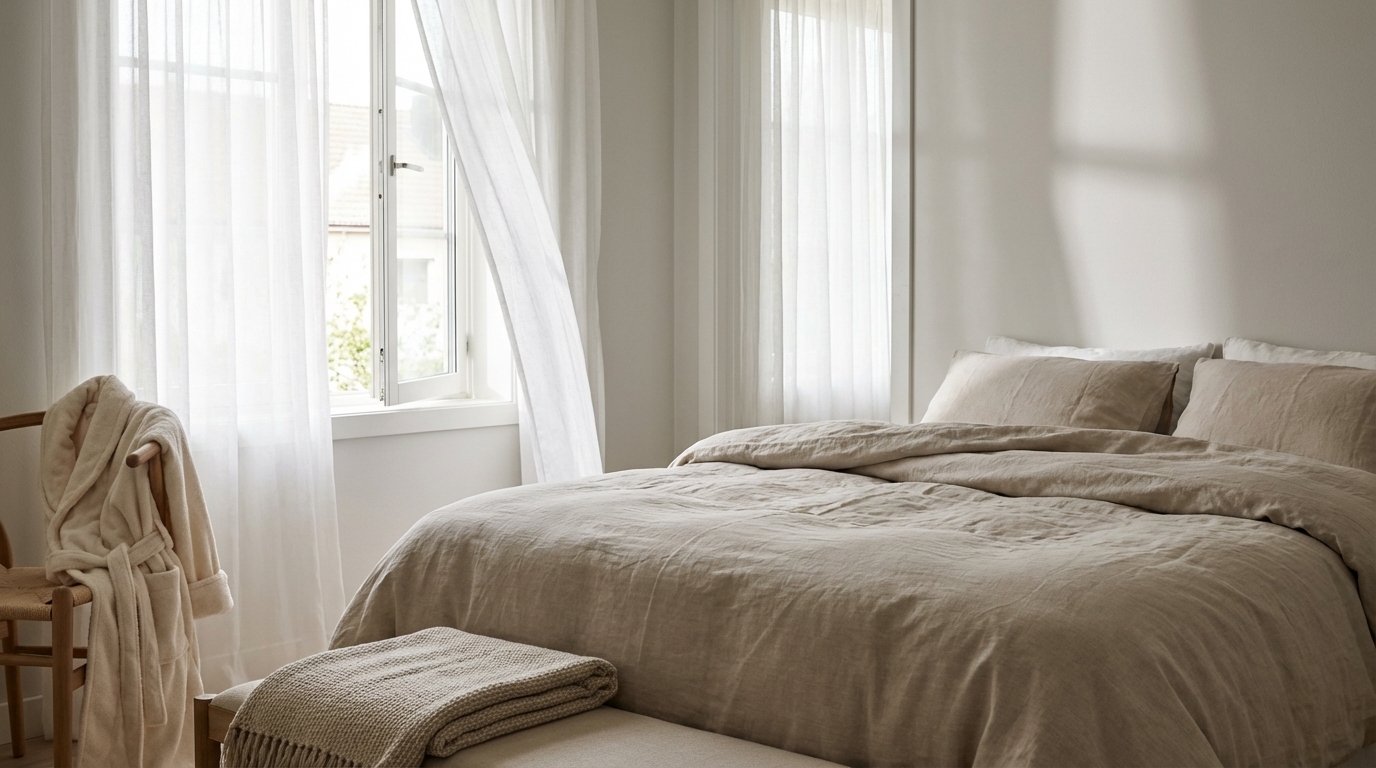 Sunlit bedroom with linen bedding and soft curtains moving in a gentle breeze