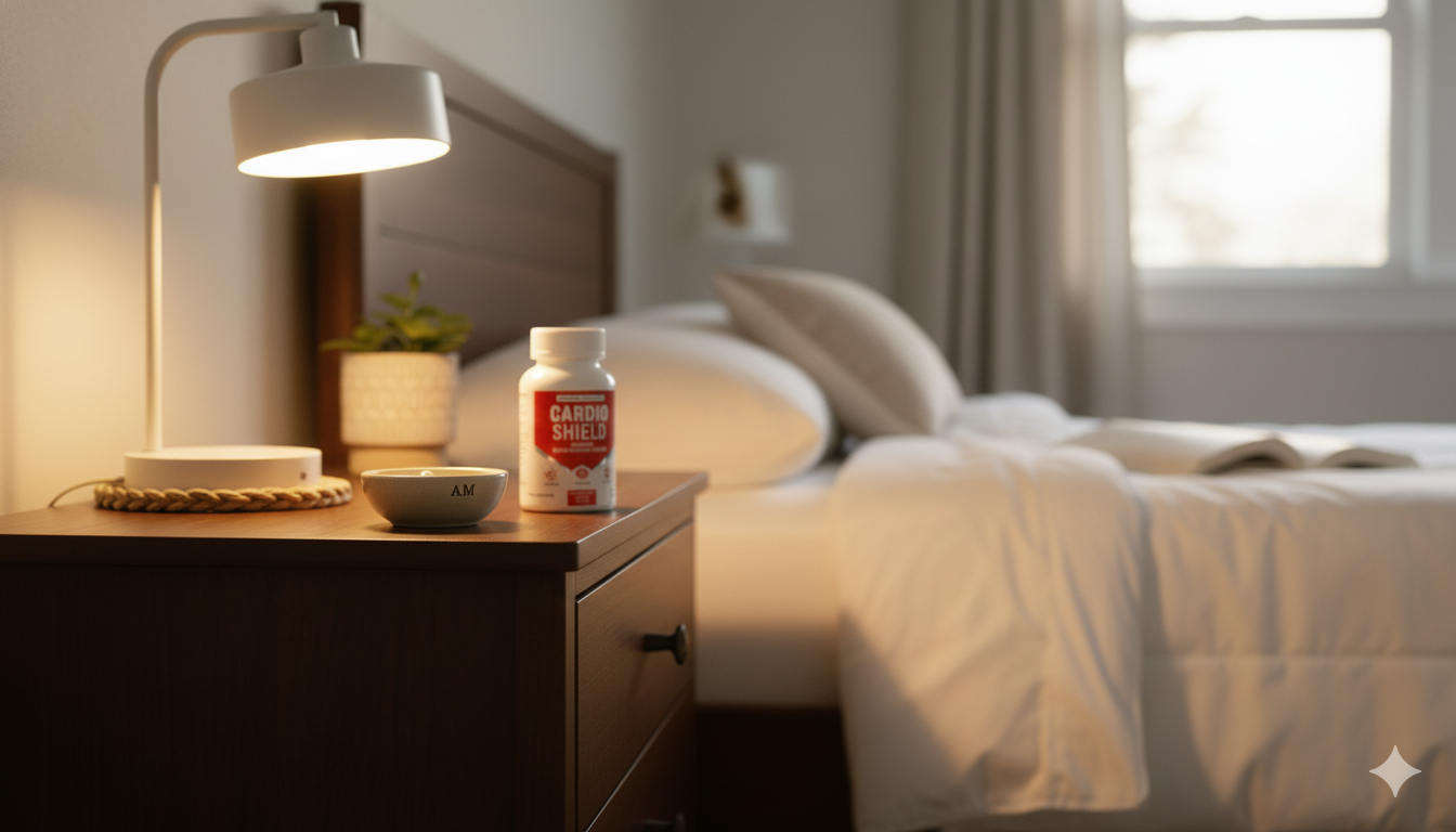 AM/PM bowls by lamp—daily heart health supplements routine.