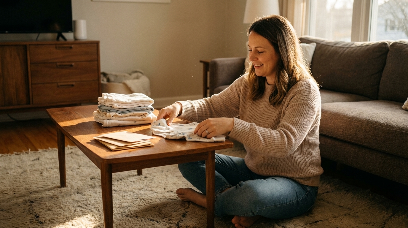 Woman calmly doing simple tasks in warm afternoon light
