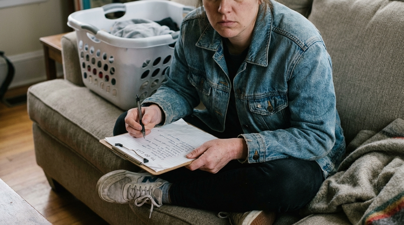 Person paused with to-do list during an energy crash