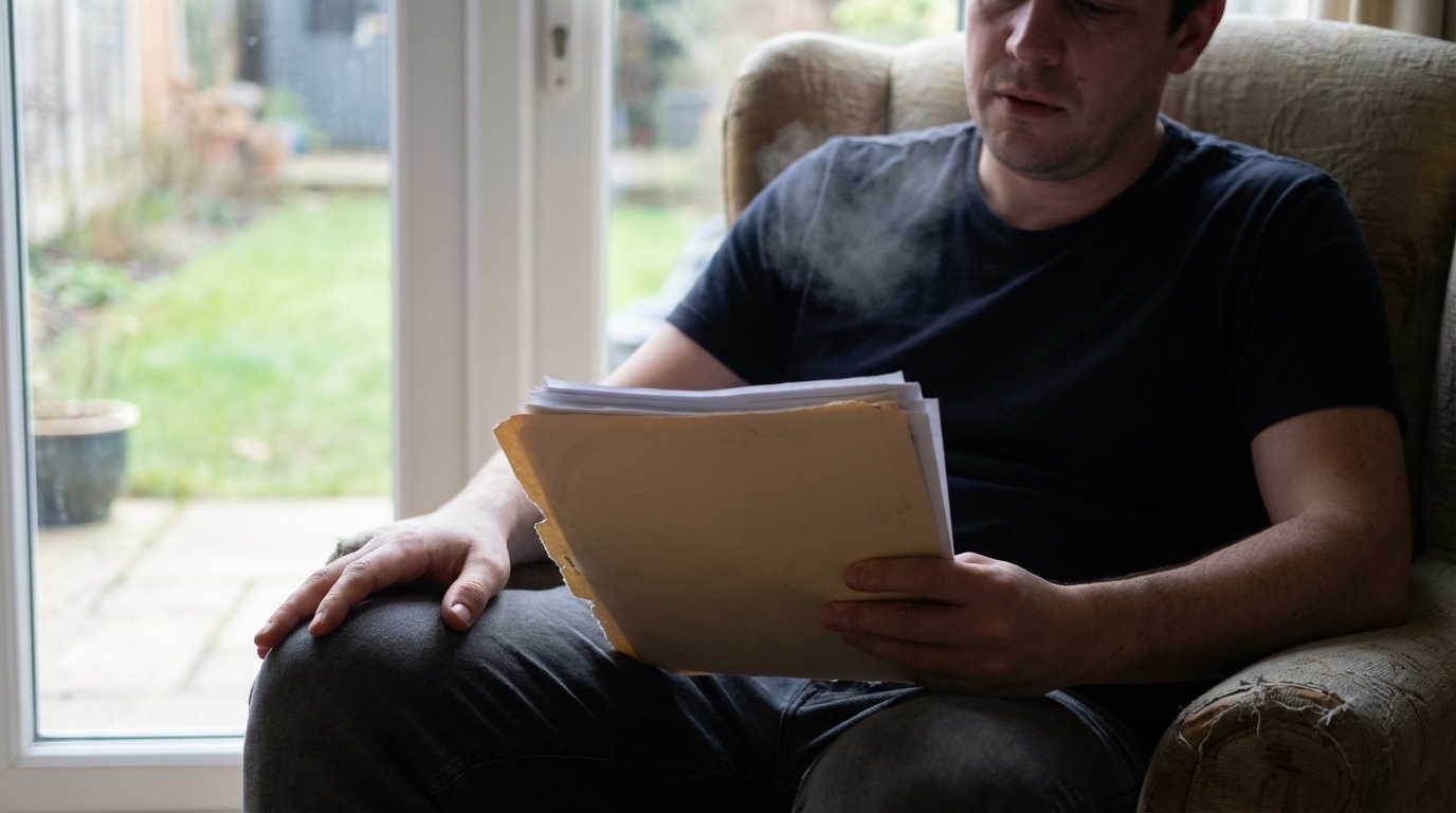 Person holding a folder in soft window light