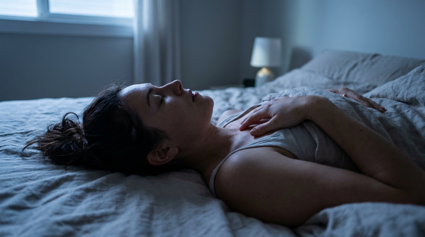 Woman resting in bed with calm expression in dim light