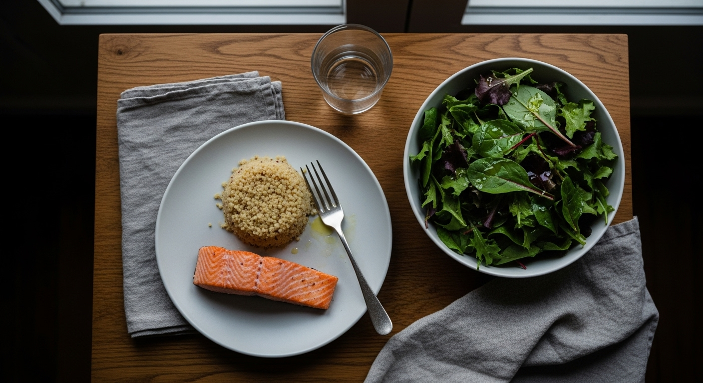 Salmon, quinoa, and leafy greens on a wooden table in warm evening light.