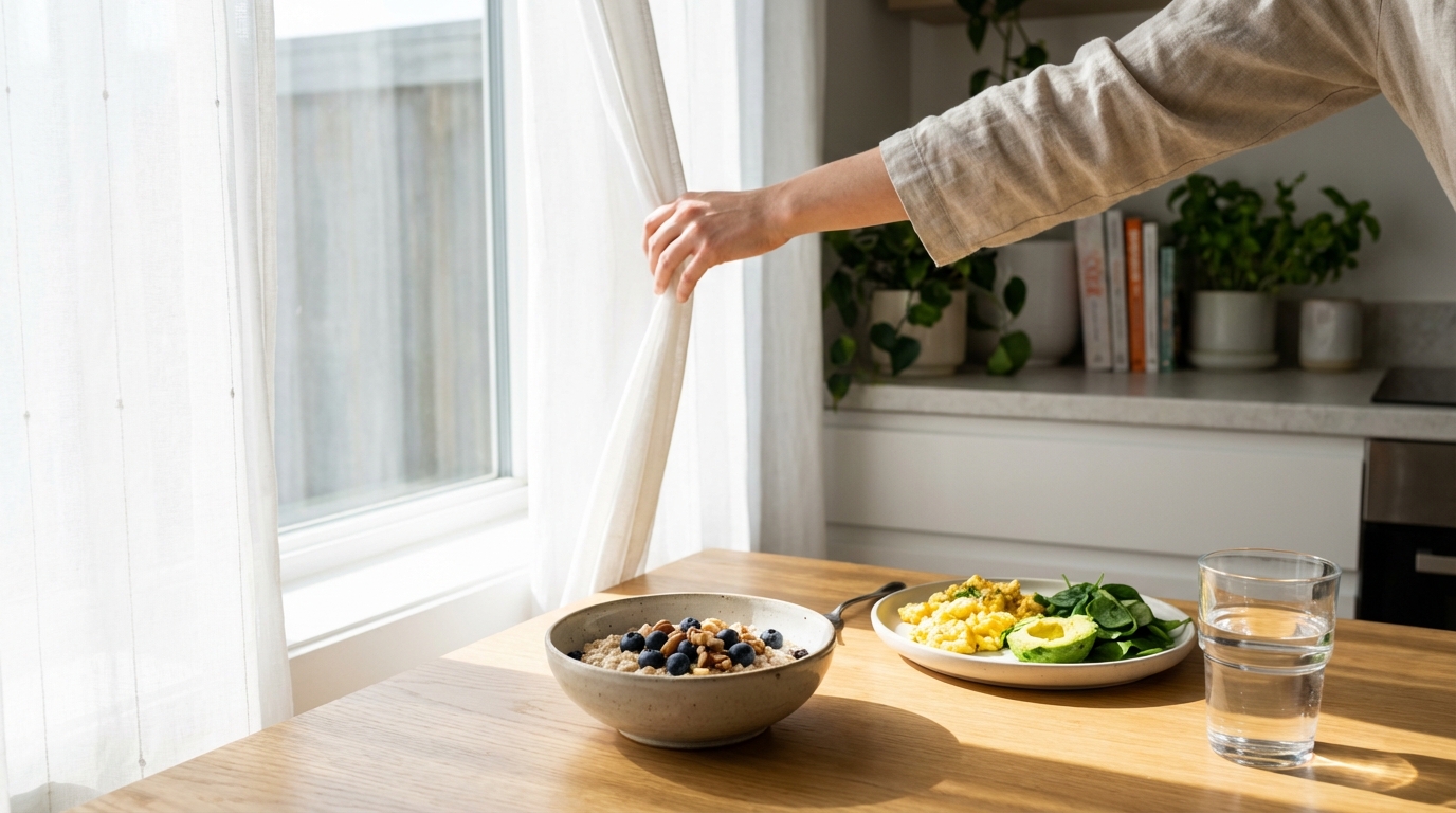 Balanced breakfast on a sunlit table with a hand opening the curtain