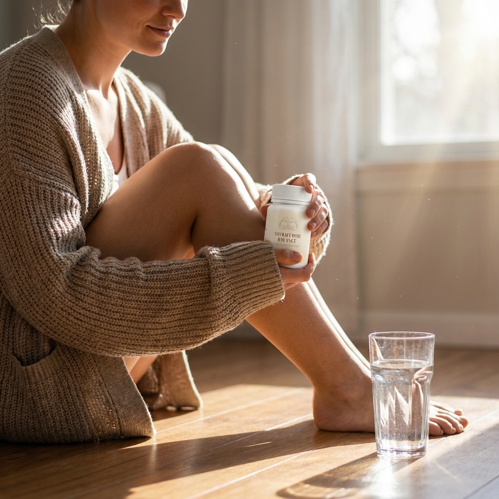 Woman holding Thyrafemme Balance in soft morning window light