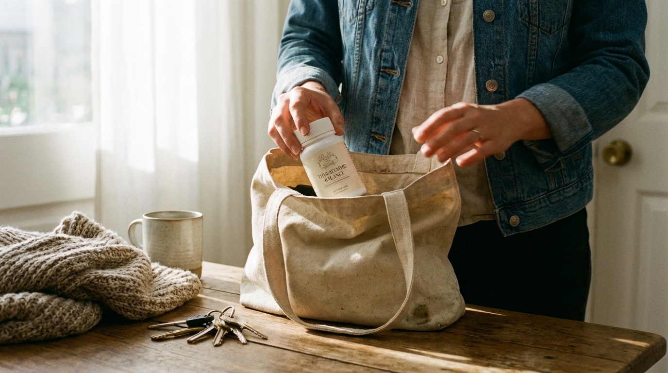 Woman placing Thyrafemme Balance into a tote bag in morning light