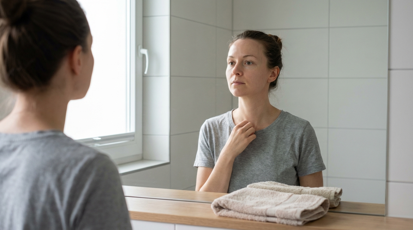 Woman looking at her reflection in soft bathroom light