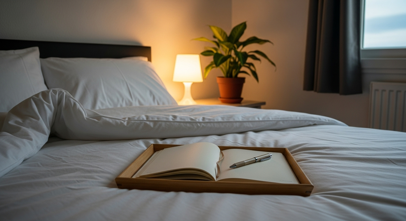Open journal and pen on a bedside tray under soft lamplight.
