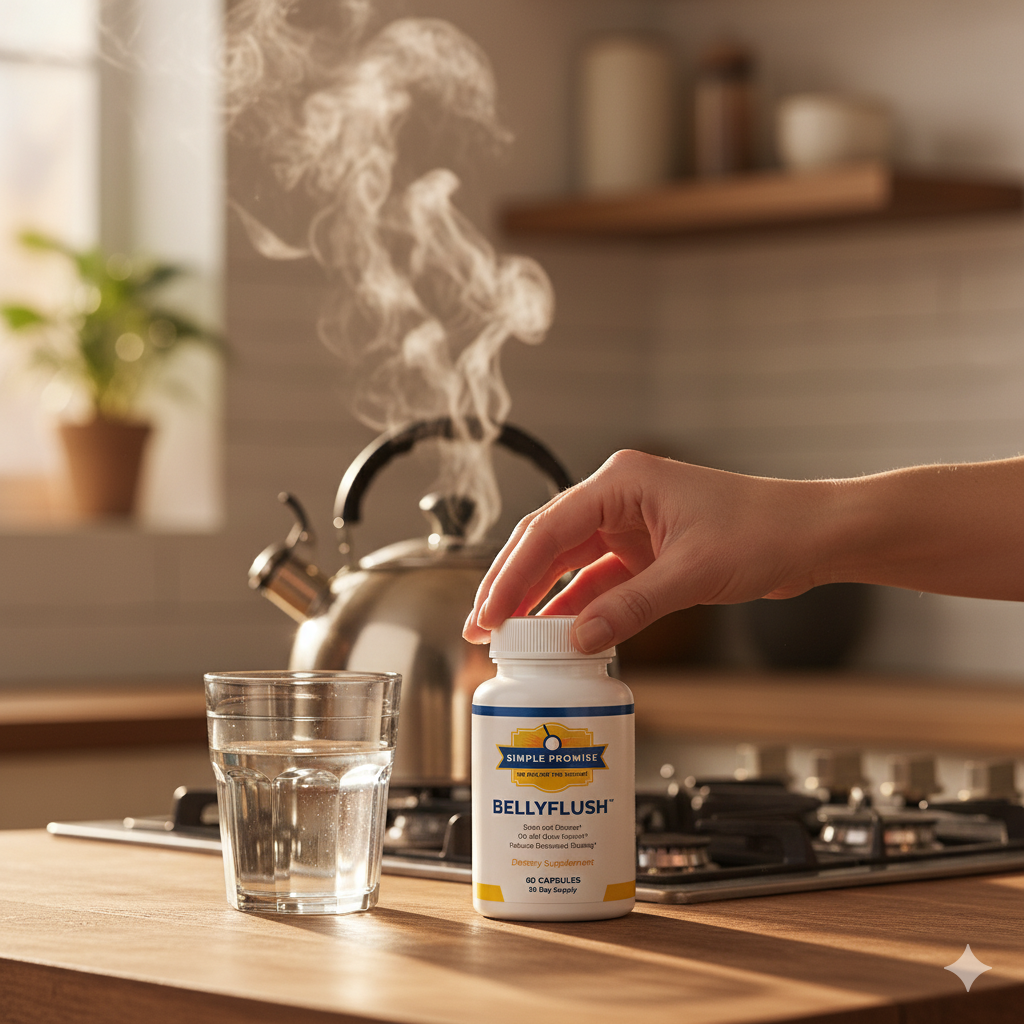 Unscrewing a BellyFlush bottle beside a steaming kettle