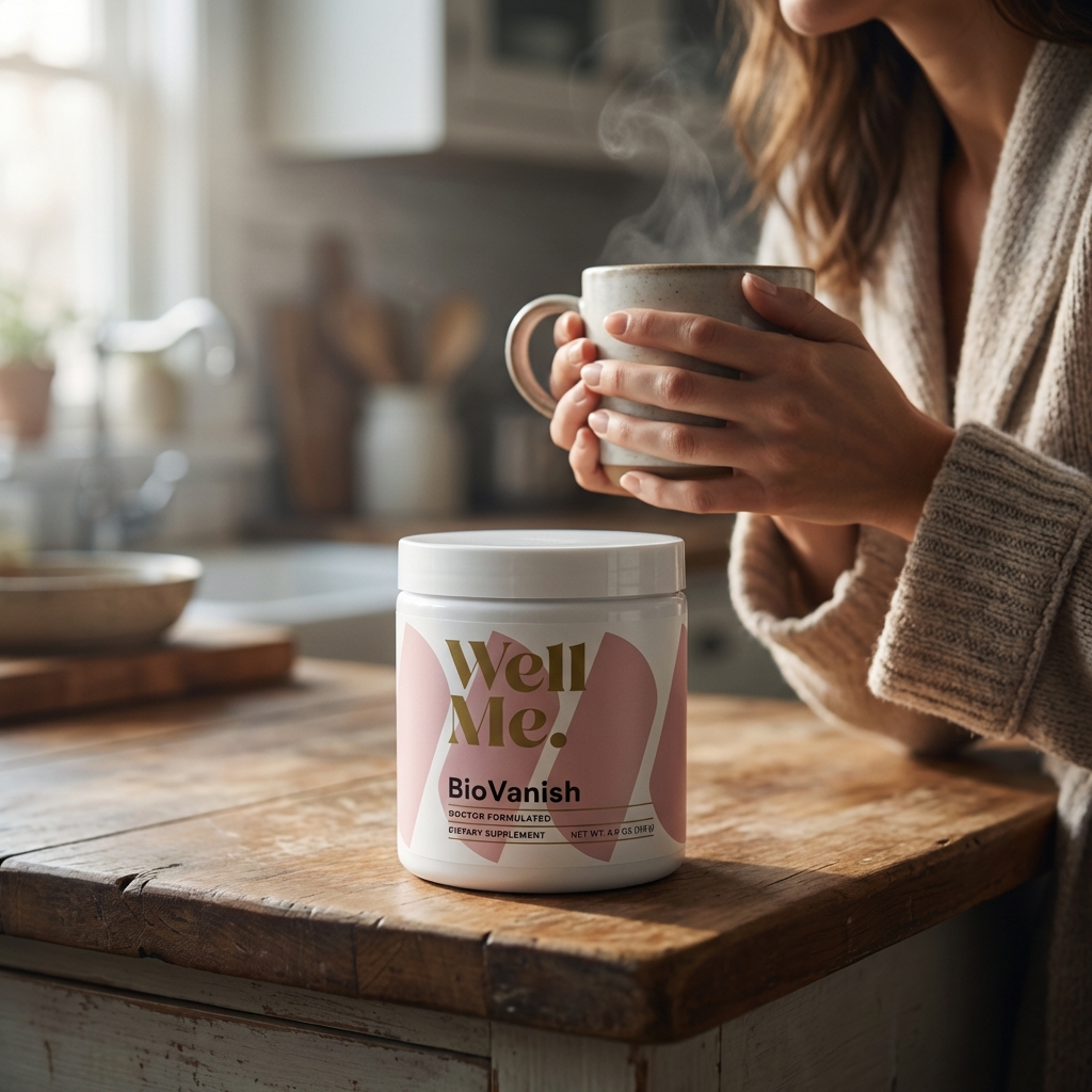 BioVanish cocoa style mix on counter beside warm mug at dawn