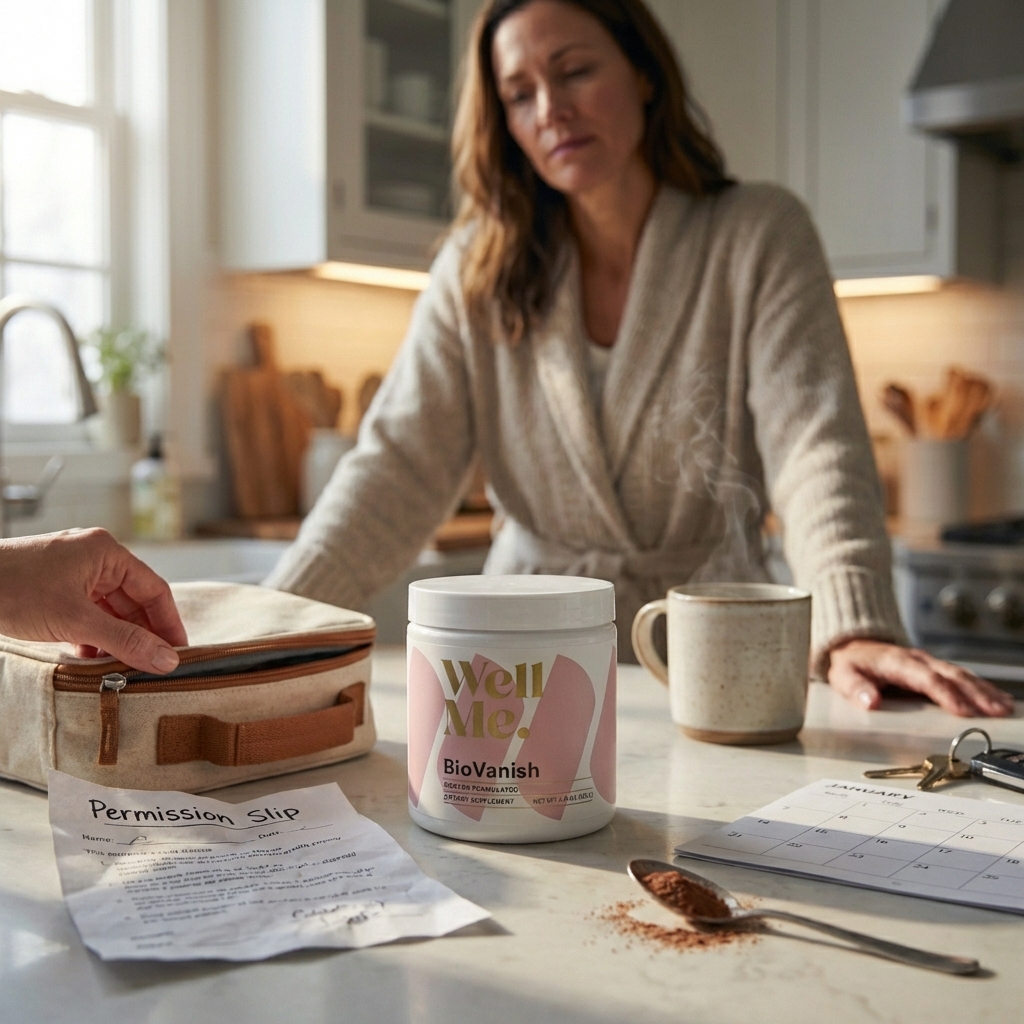BioVanish container in focus on a busy kitchen counter beside a warm mug