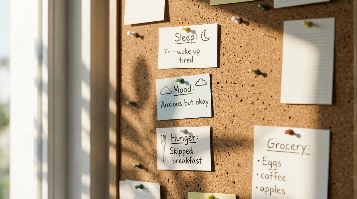 Handwritten notes showing simple daily cues like sleep and mood